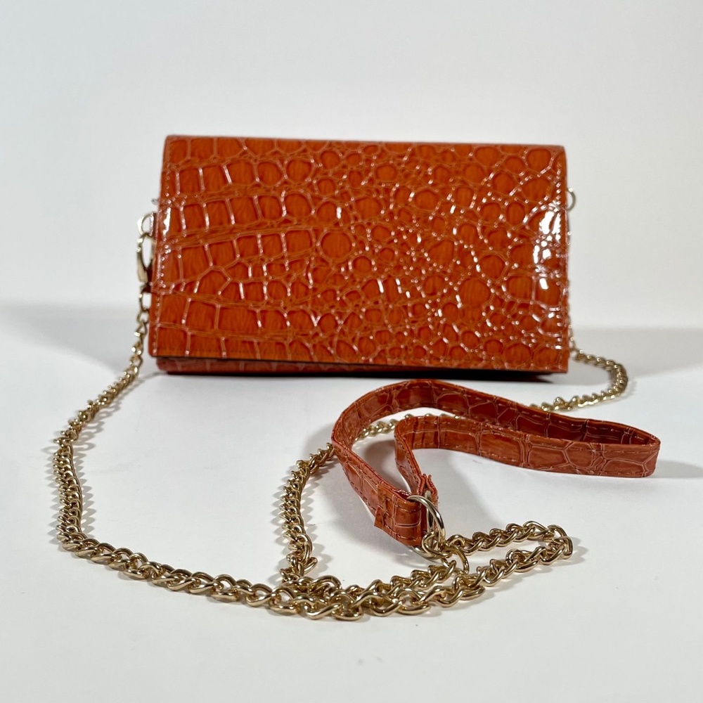 Shiny Burnt-Orange Crocodile Print Textured Leather Convertible Women's Purse